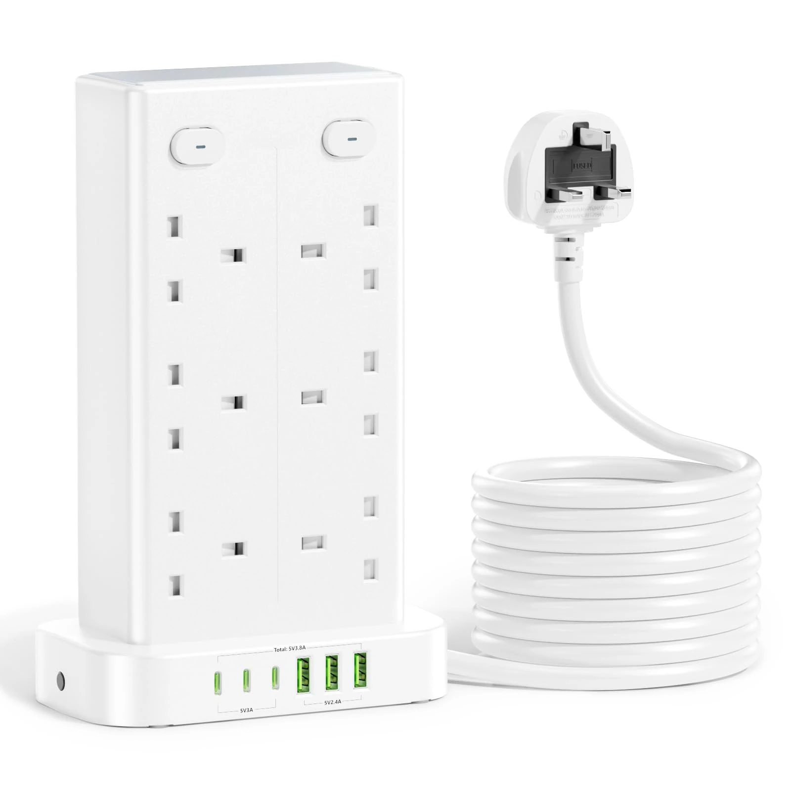 3M Tower Extension lead with USB Slots, 12 Way Multi Plug Extension Tower with 3 Type C and 3 USB A Ports, Overload Protection Power Cord Extension Plug Socket with 4 Individual Switches 13A 3250W