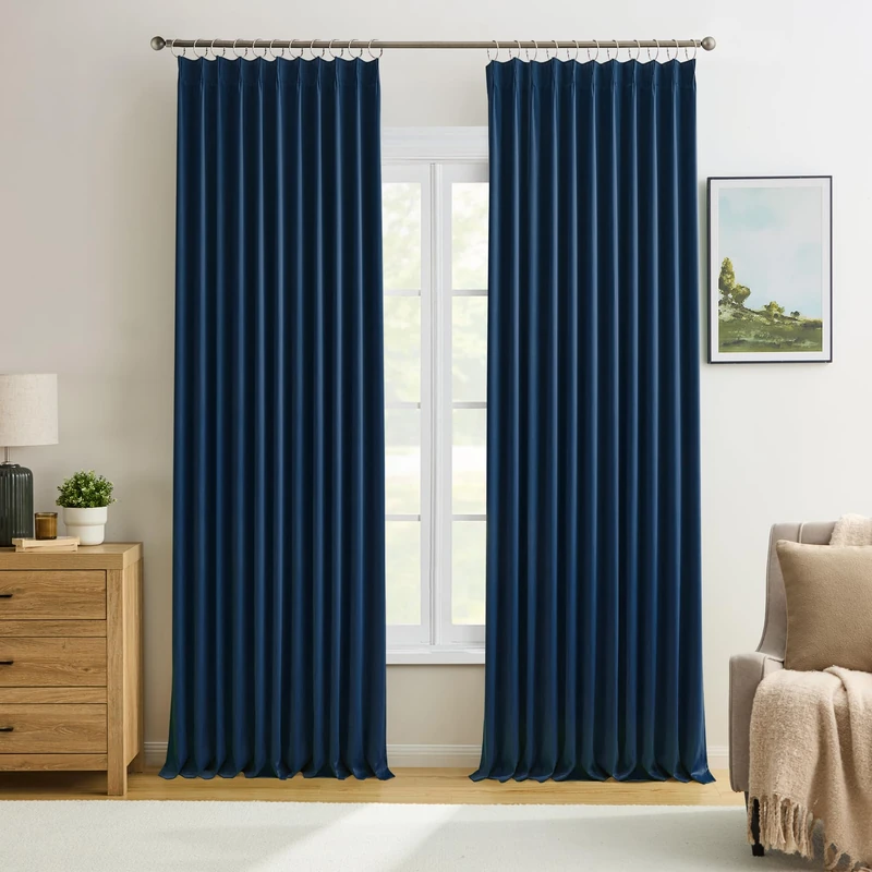 KEQIAOSUOCAI Navy Pinch Pleated Curtains Blackout 72x105 2 Panels