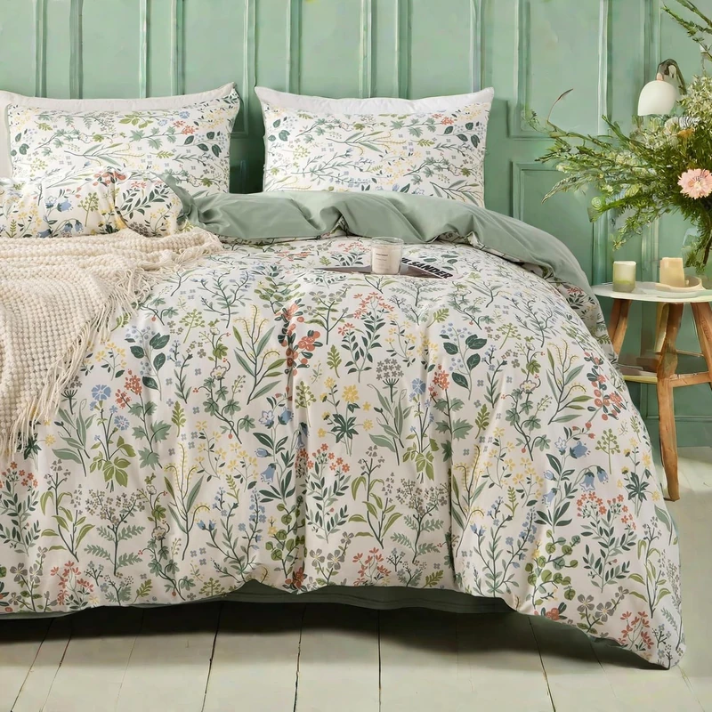 mixinni Flower Duvet Cover Twin XL Size, Sage Green Floral Duvet Cover Soft Cotton Cute Wildflower Green Leaves Print Cotton Bedding Duvet Cover Set Zipper&Ties, 1 Duvet Cover and 2 Pillowcases