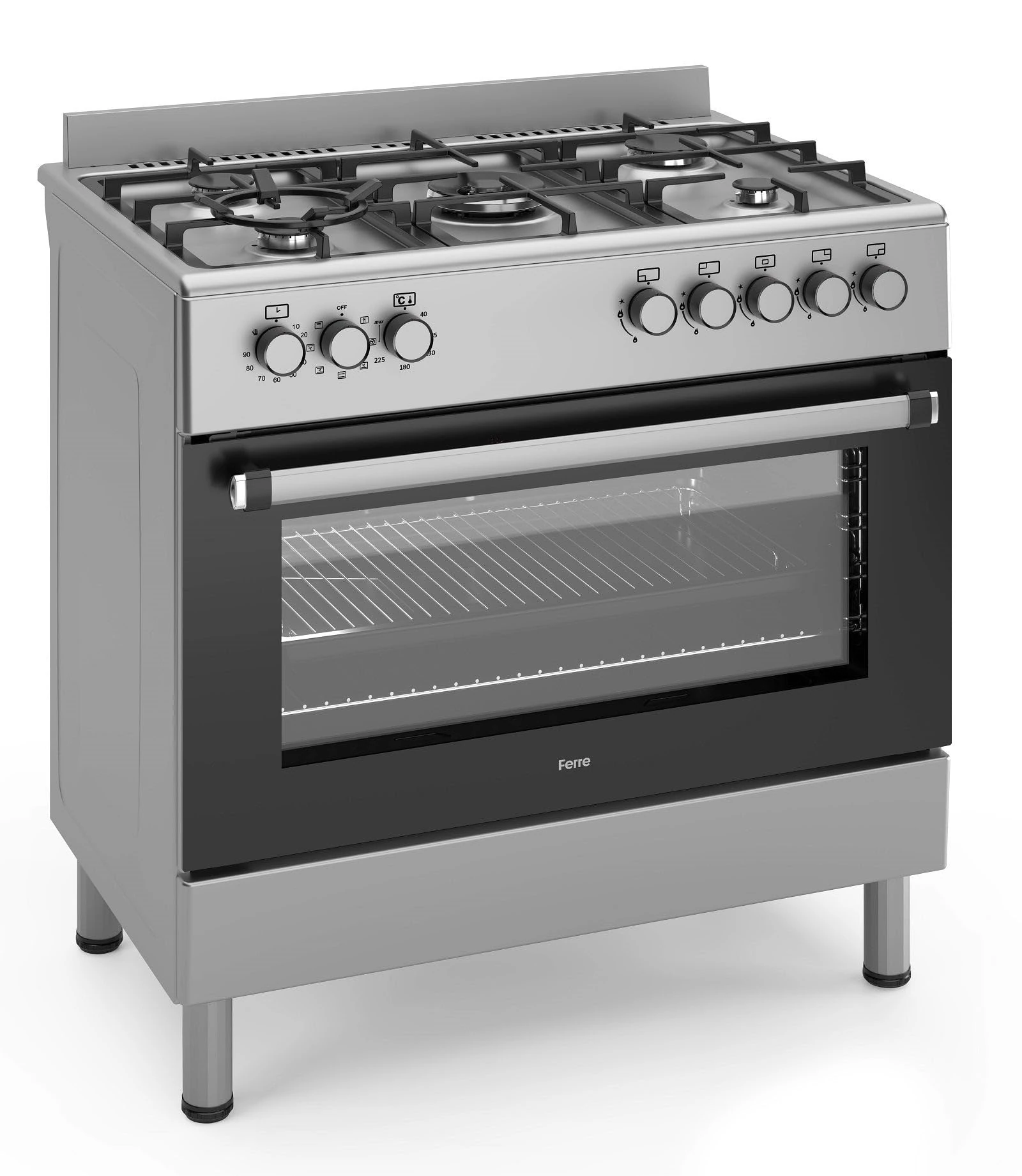 Ferre F9S50E7-X3-IN 90cm Dual Fuel Range Cooker With Double Turbo Fan & 5 Burner(1 Wok) - Stainless Steel