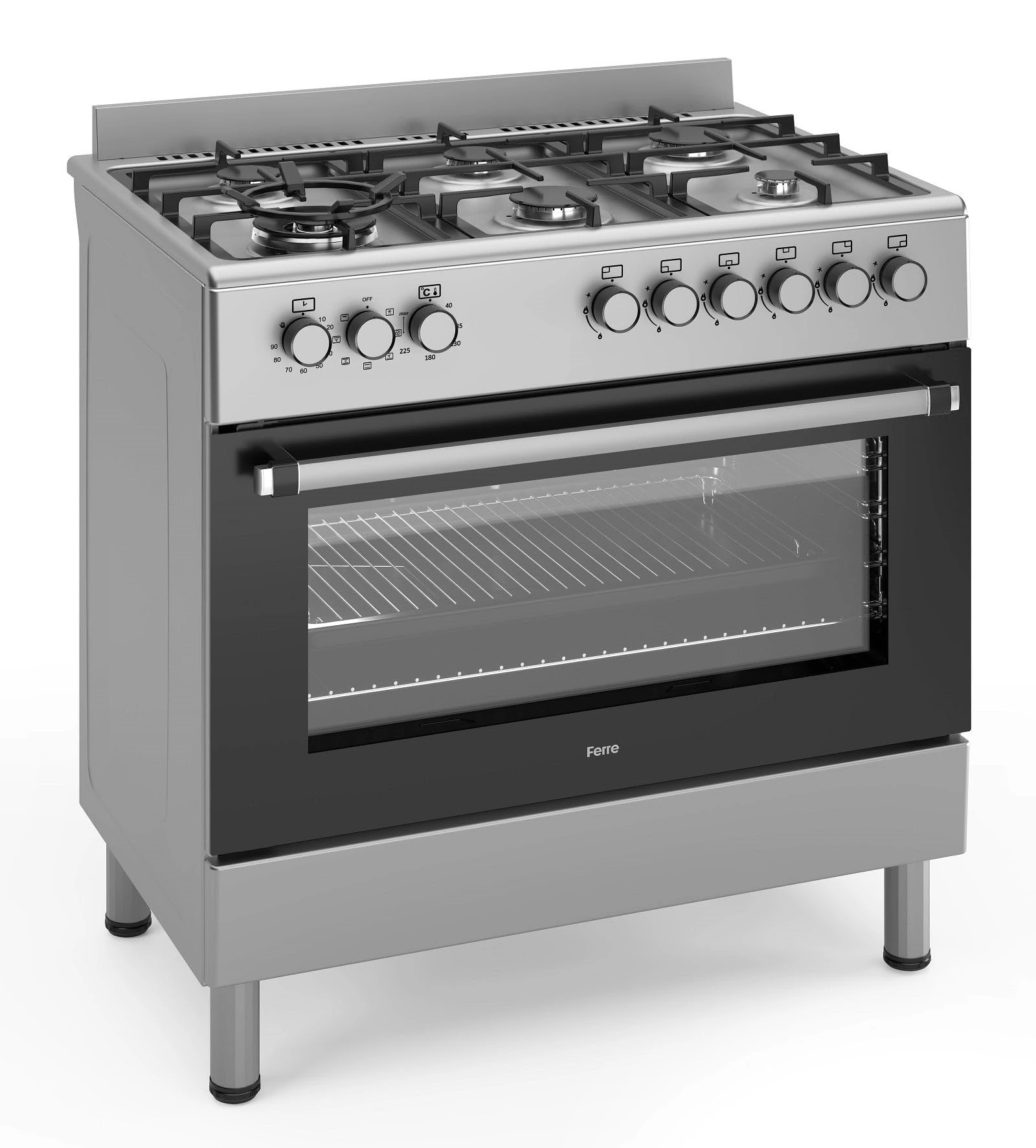 Ferre F9S60E7-IN 90cm Dual Fuel Range Cooker With Double Turbo Fan & 6 Burner(1 Wok) - Stainless Steel