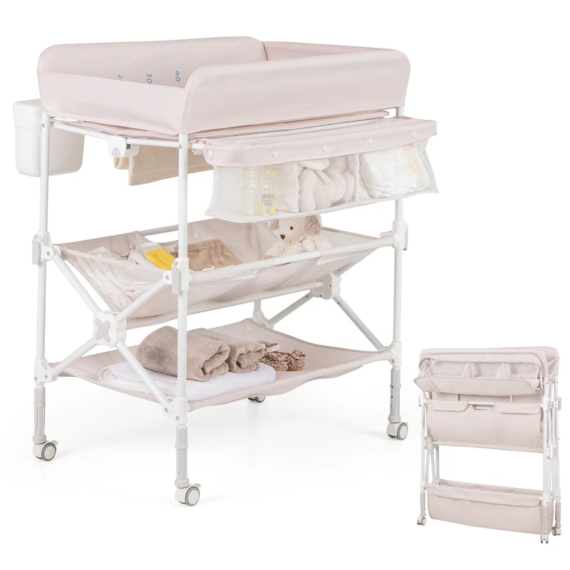 GYMAX Folding Baby Changing Table, Height Adjustable Newborn Nursery Care Station with Storage Basket, Shelves, Trash Bin & Lockable Wheels, Portable Infant Bath Massage Diaper Organizer (Pink)