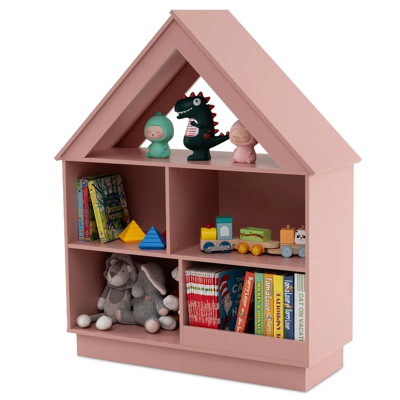 GYMAX Kids Bookcase, 3-Tier Children Bookshelf with Anti-toppling Devices, House-shaped Toy Storage Organizer for Kid's Room Nursery Kindergarten (Pink)
