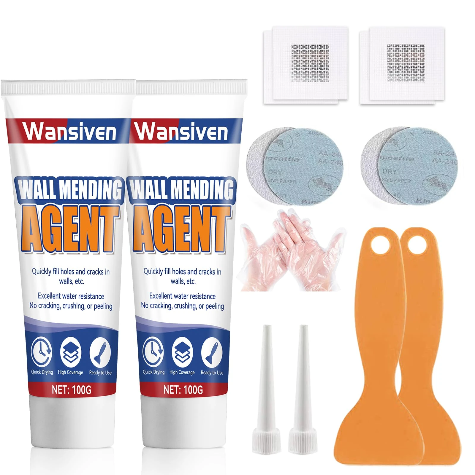 Wansiven Wall Repair Cream, Waterproof White Wall Filler Kit, Rapair paste for filling cracks and plaster surfaces, with scraper and repair patch 100g (2)
