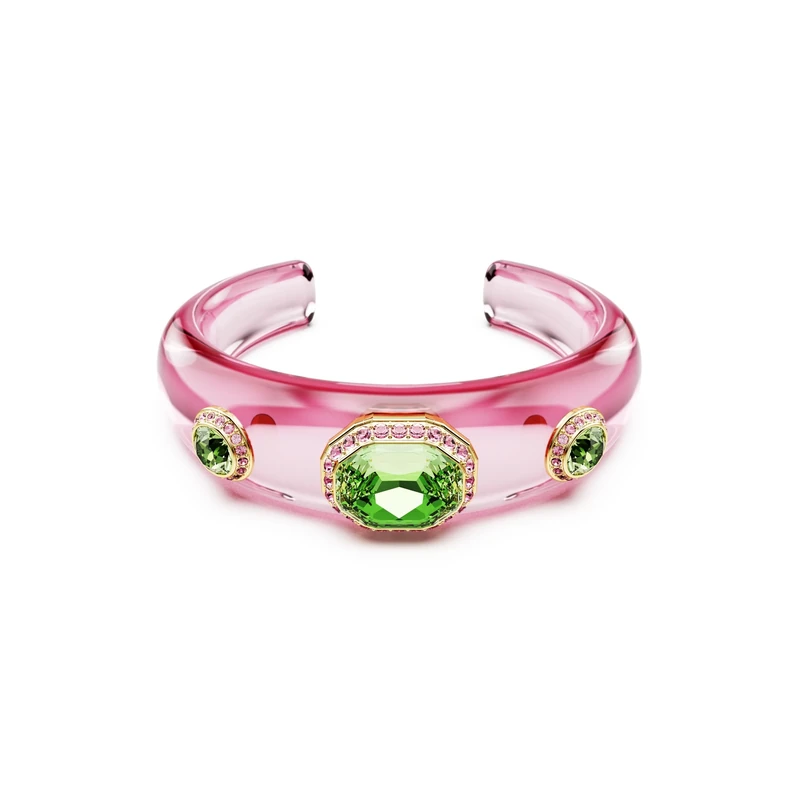 Swarovski Dulcis Cuff Bracelet, Pink Band with Green Mixed-Cut Crystals in a Gold-Tone Finished Frame, Size L, Part of the Dulcis Collection