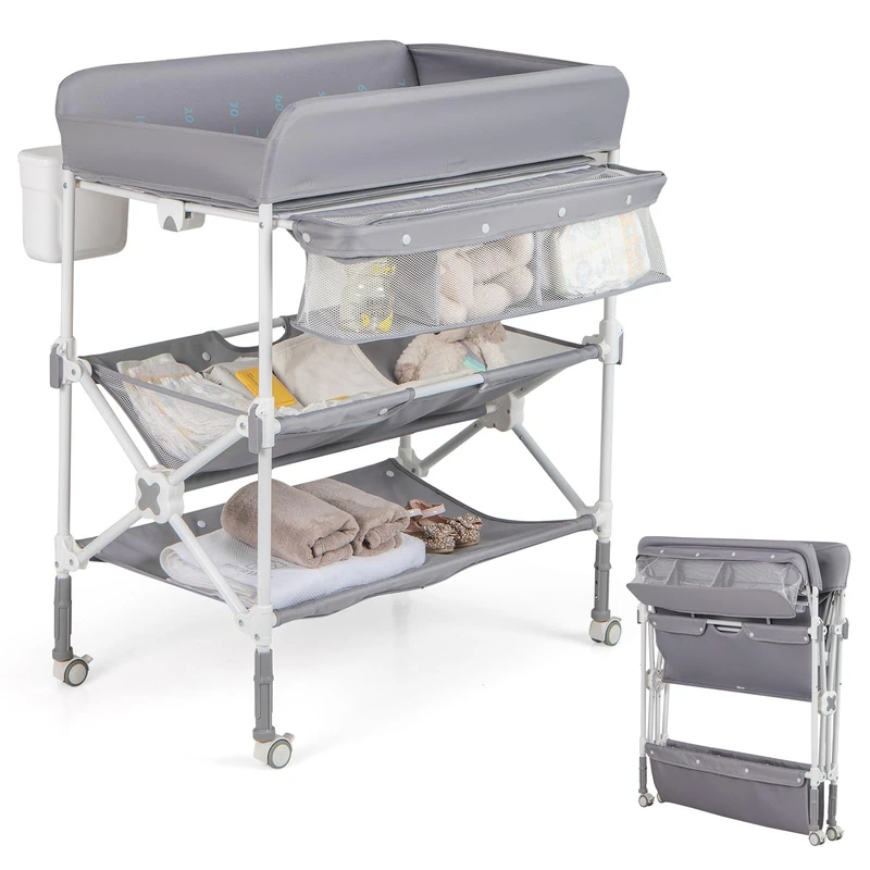 GYMAX Folding Baby Changing Table, Height Adjustable Newborn Nursery Care Station with Storage Basket, Shelves, Trash Bin & Lockable Wheels, Portable Infant Bath Massage Diaper Organizer (Gray)