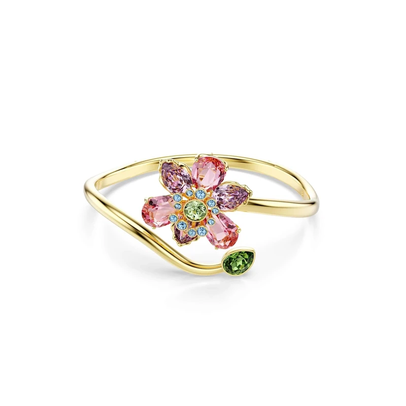 Swarovski Idyllia Bangle Bracelet, Flower Motif with Multicoloured Mixed-Cut Crystals in a Gold-Tone Finished Setting, Size M, Part of the Idyllia Collection