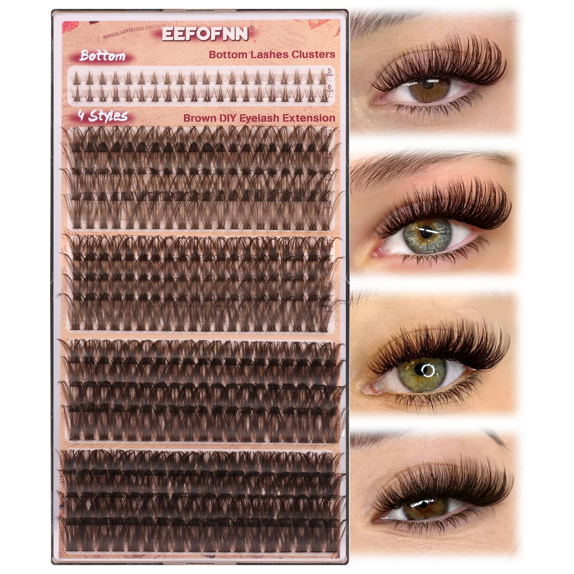 Eefofnn 360PCS Brown Lash Clusters 50P+60P+80P+100P Eyelash Clusters with Bottom Lashes Volume Eyelashes Individual 5 Styles Natural Cluster Lashes D Curl Individual Lashes DIY Lash Extensions