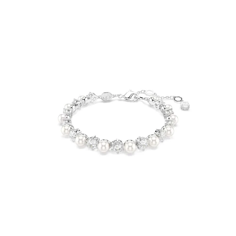 Swarovski Matrix Tennis Bracelet, Clear Round-Cut Crystals and Crystal Pearls in a Rhodium-Finished Setting, Part of the Matrix Collection