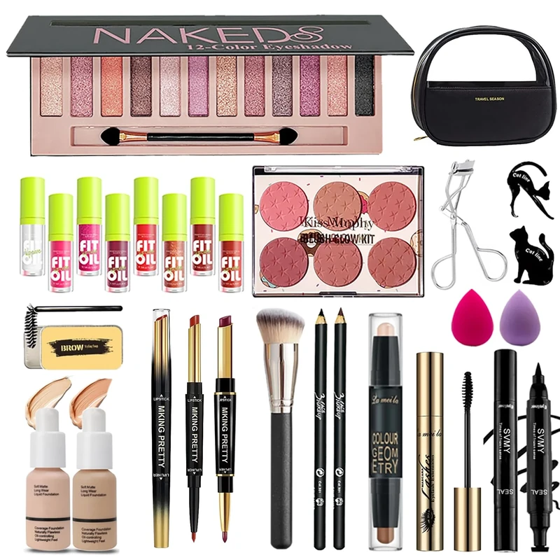 Makeup set, Cosmetic Make Up Kit With Storage Bag Portable Travel Make Up Palette Eyeshadow Foundation Lip Gloss Full kit makeup set for Teenage & Adults (A2-UK)