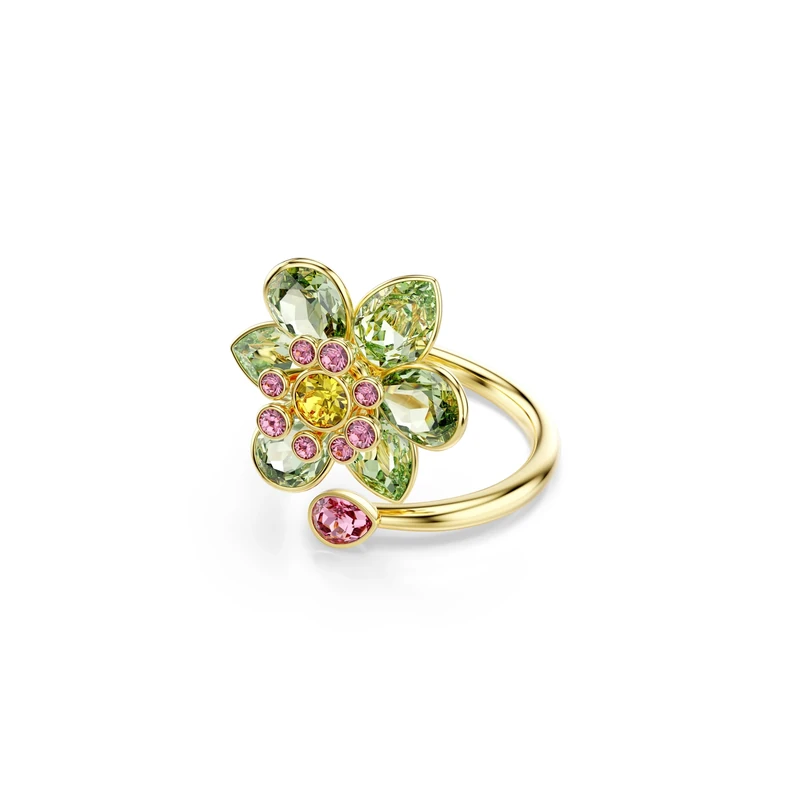 Swarovski Idyllia open ring, Mixed cuts, Flower, Green, Gold-tone plated