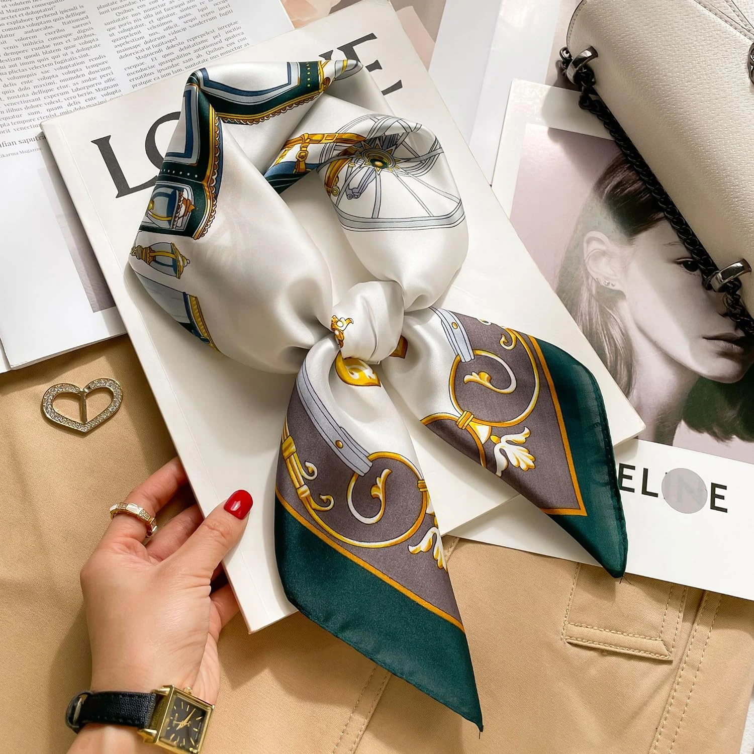 Square Neck Scarf, Printed Head Hair Scarf, Satin Headscarf Bandanas Scarves for Women Lady, 90-green-06, 90 x 90cm