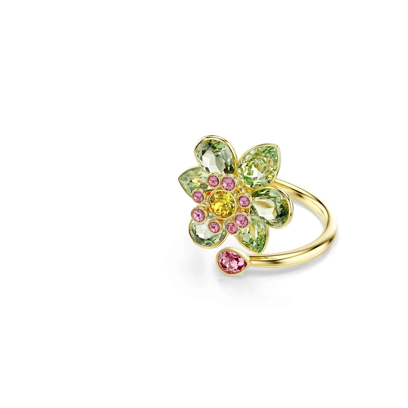 Swarovski Idyllia open ring, Mixed cuts, Flower, Green, Gold-tone plated