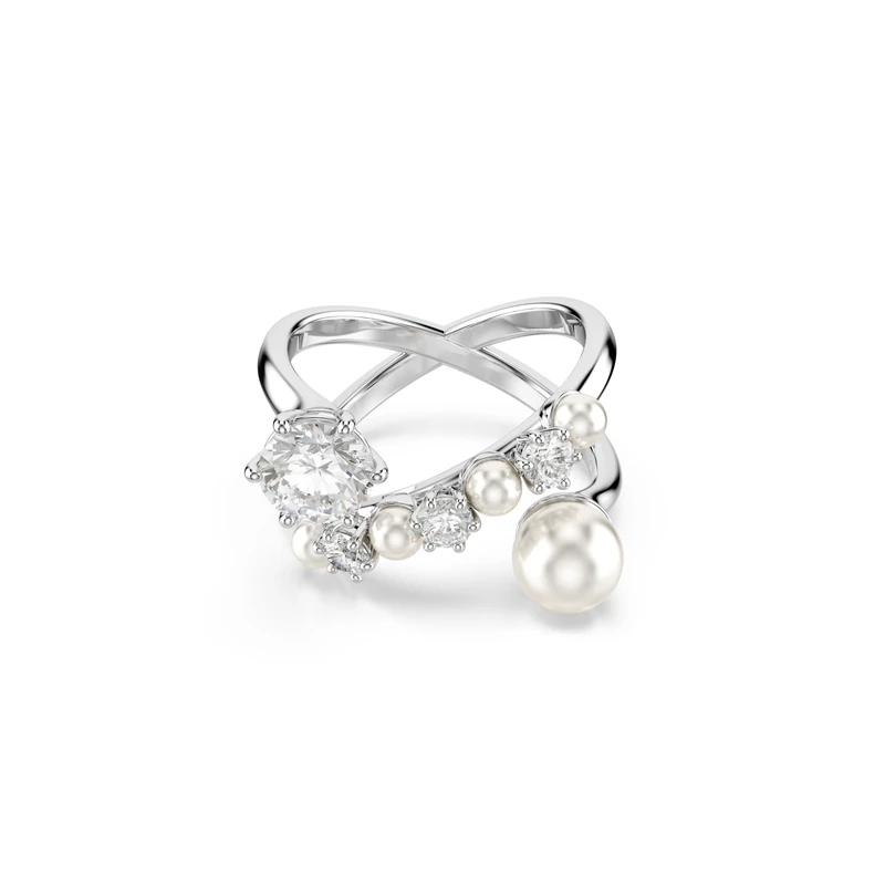 Swarovski Matrix cocktail ring, Crystal pearl, Round cut, White, Rhodium plated