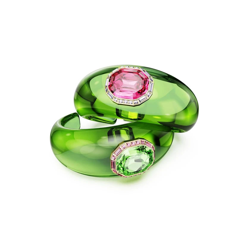 Swarovski Dulcis Cuff Bracelet Set, 2 Open Green Bands with Pink and Green Octagon-Cut Crystals in a Gold-Tone Finished Frame, Size M, Part of the Dulcis Collection