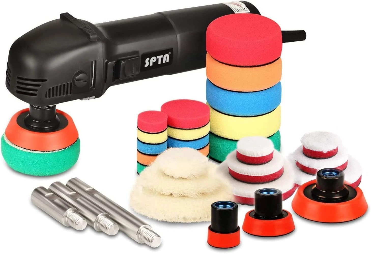 SPTA Mini Polishing Machine Buffer Rotary Polisher Auto Detailing Superpolish with 27Pcs Detail Polishing Pad Mix Size Kit Buffing Pad and 75mm ,100mm,140mm M14 Thread Extension Shaft