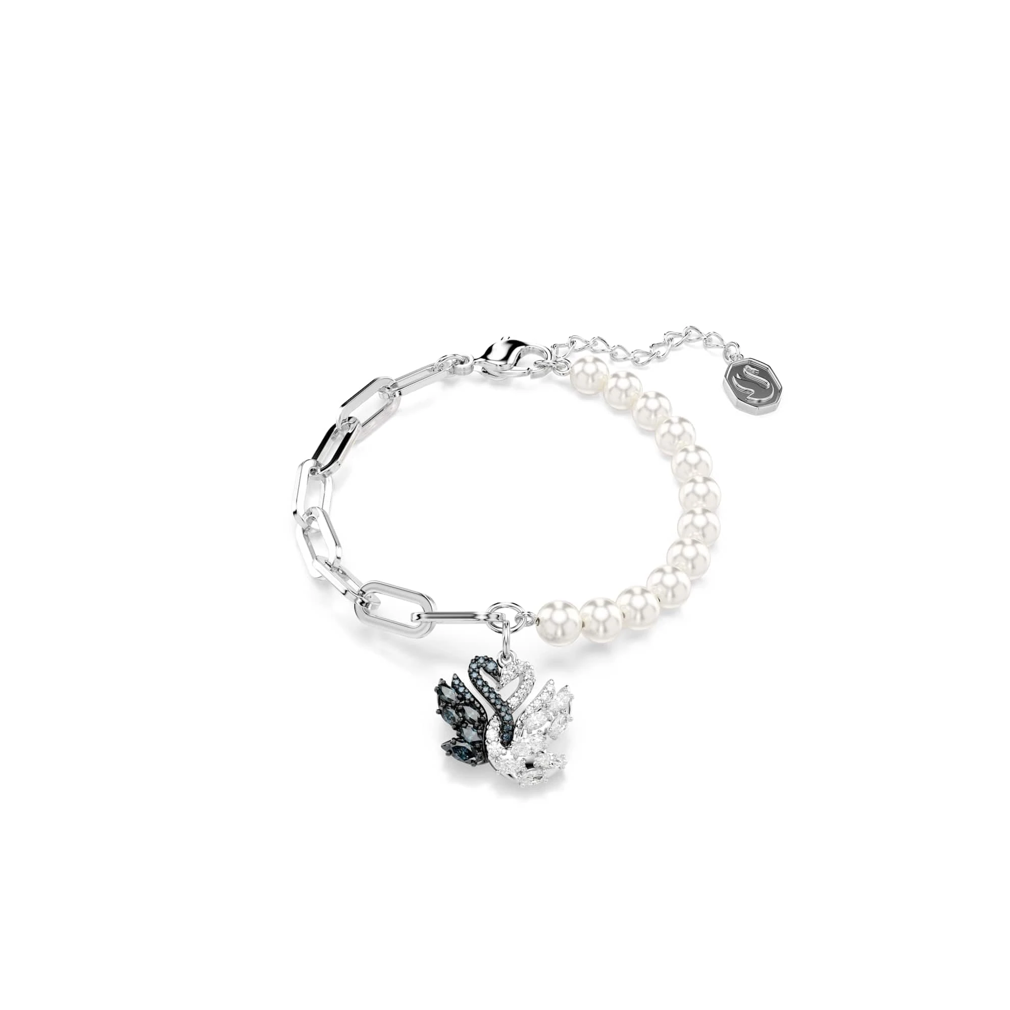 Swarovski Swan Bracelet, Black and Clear Mixed-Cut Crystals and Crystal Pearls in a Rhodium & Ruthenium-Finished Setting, Part of the Swan Collection