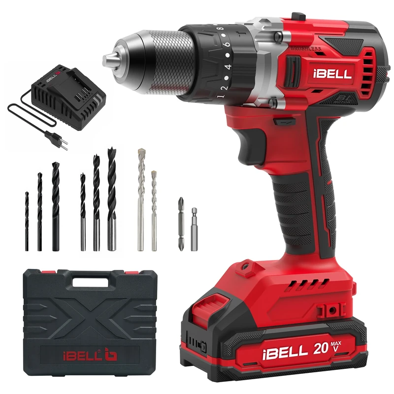 iBELL BD20-80 2Ah (BMC) One Power Series 20V Cordless Impact Drill Brushless | Max 80Nm Torque | 1750 RPM Speed | 13mm Heavy-Duty Metal Keyless Chuck | 20+3 Clutch Settings | LED Light