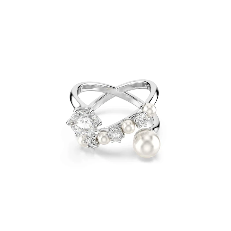 Swarovski Matrix cocktail ring, Crystal pearl, Round cut, White, Rhodium plated