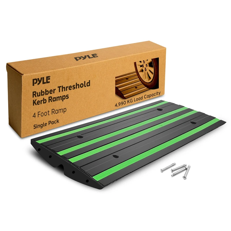 Pyle Heavy Duty Rubber Kerb Ramp 122cm – Extra-Strong Driveway Curb Ramp for Cars, Motorcycles, Vans & SUVs, Non-Slip Threshold Ramp with Green Reflective Strips, Waterproof, With Expansion Screws