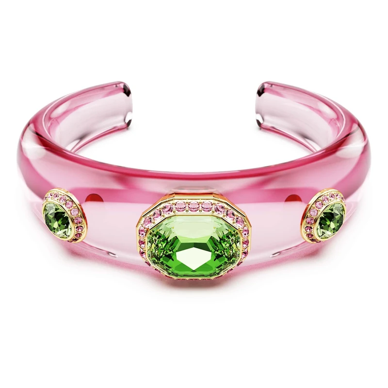 Swarovski Dulcis Cuff Bracelet, Pink Band with Green Mixed-Cut Crystals in a Gold-Tone Finished Frame, Size M, Part of the Dulcis Collection