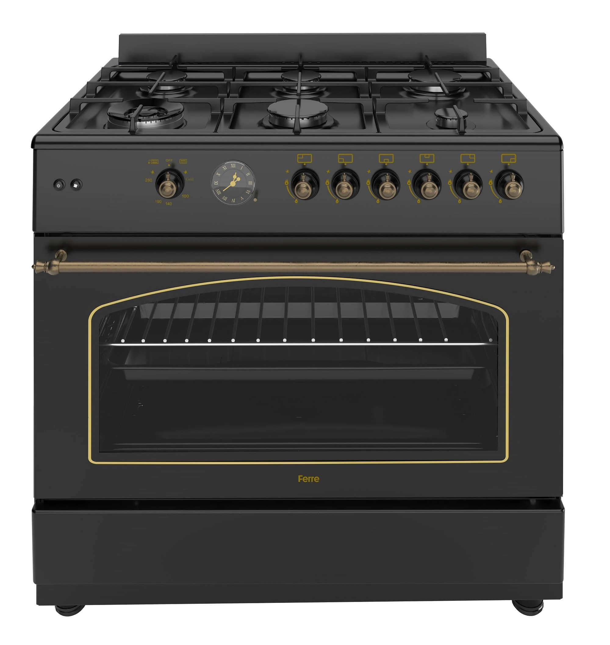 Ferre F9S60GF-BL-RETRO 90cm Gas Range Cooker With Double Turbo Fan & 6 Burner(1 Wok) Gas Hob - Black