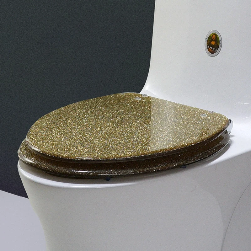 CUTPOIY Glitter Toilet Seat Elongated Toilet Seat, 17.3"×14.3" Soft Close Toilet Seats Cover with Quick Release for Easy Clean, Resin V Type Toilet Lid,Gold,Gold