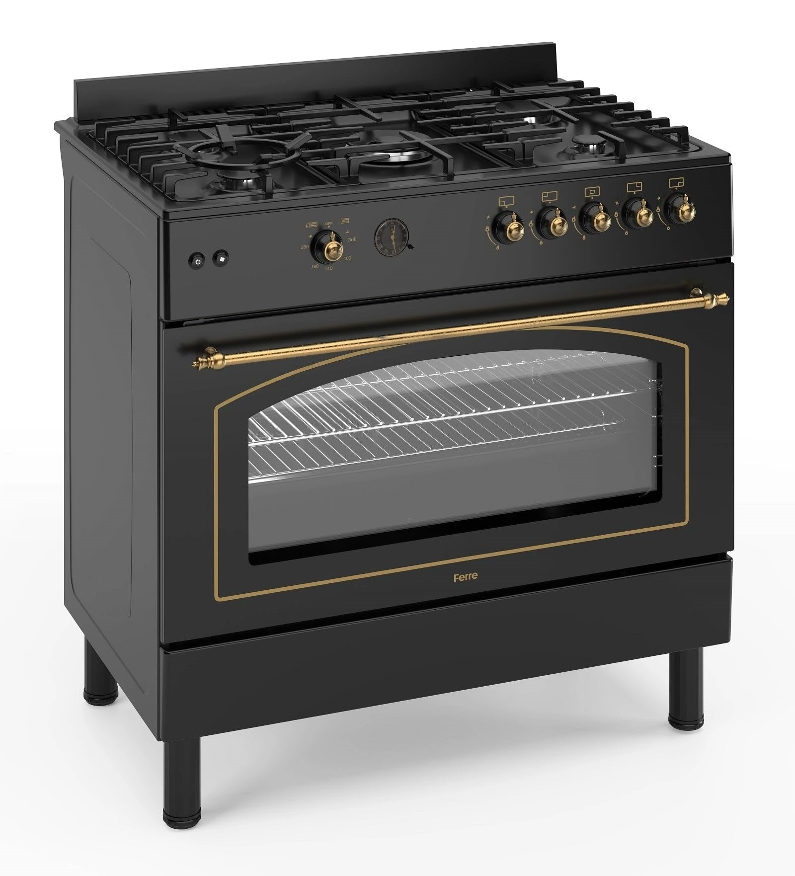 Ferre F9H50GF-BL-RETRO 90cm Gas Range Cooker With Double Turbo Fan & 5 Burner(1 Wok) Gas Hob - Black