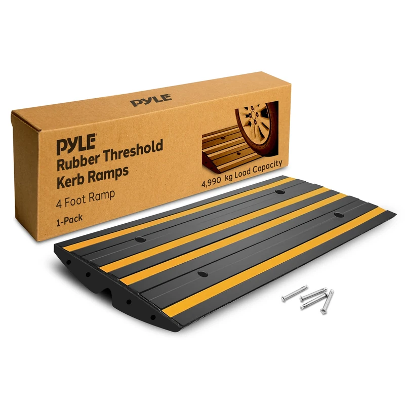 Pyle Rubber Curb Ramp 122 cm , Non-Slip Threshold with Yellow Reflective Strips, Waterproof, Heavy Duty for Driveways, Sidewalks, Portable Ramps for Steps