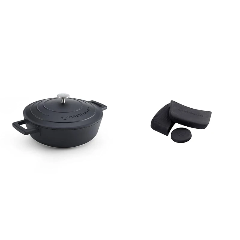 MasterClass 2.5L Black Casserole Dish with MasterClass Heat-Resistant Silicon Pan Handles and Lid Handle (3pc)