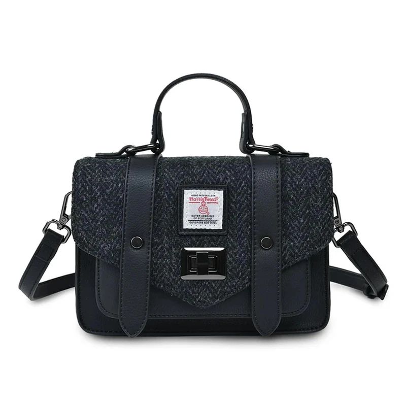 Islander Harris Tweed Mini Satchel, Handbag for Women, Flap and Microfiber Leather, Black Herringbone - Image 1