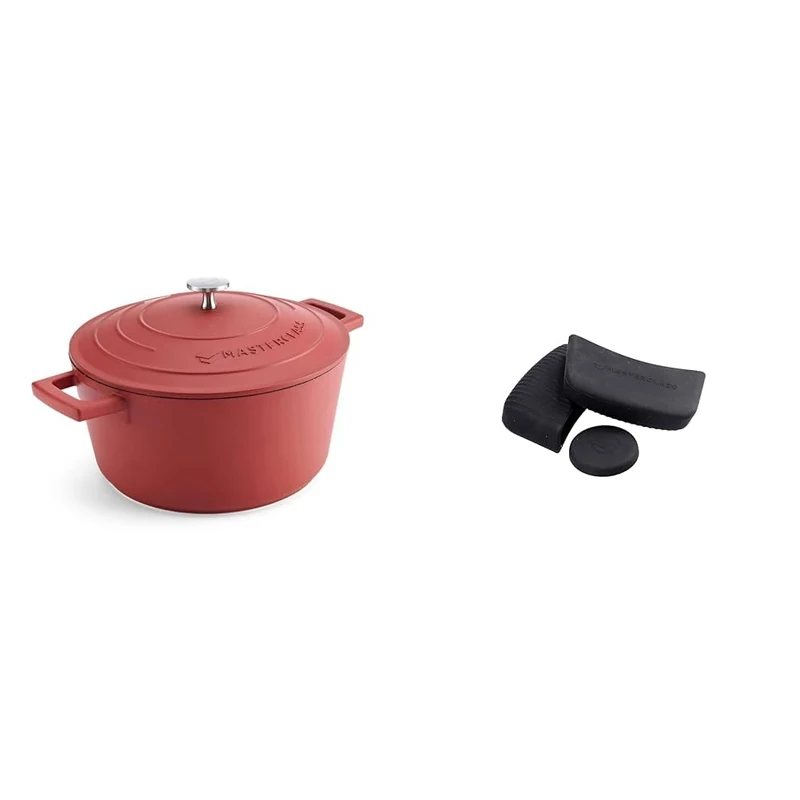 MasterClass 4L Red Casserole Dish with MasterClass Heat-Resistant Silicon Pan Handles and Lid Handle (3pc)
