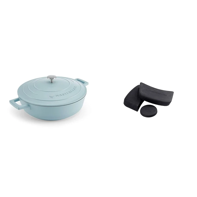 MasterClass 4L Blue Sky Shallow Casserole Dish with MasterClass Heat-Resistant Silicon Pan Handles and Lid Handle (3pc)