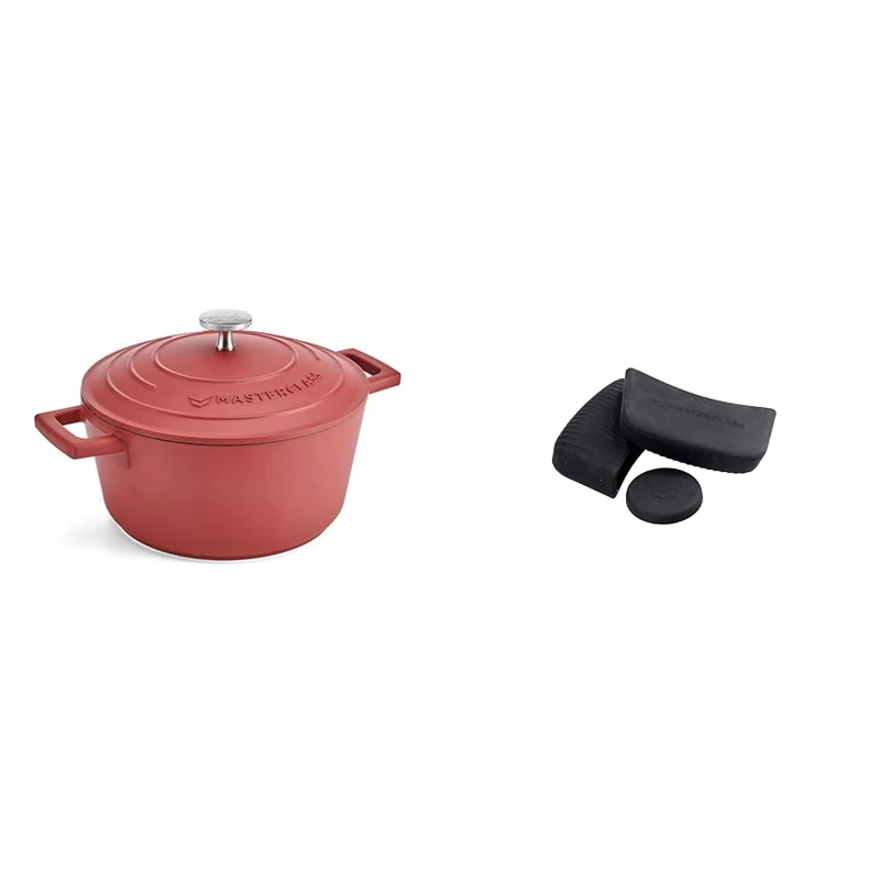 MasterClass 2.5L Red Casserole Dish with MasterClass Heat-Resistant Silicon Pan Handles and Lid Handle (3pc)