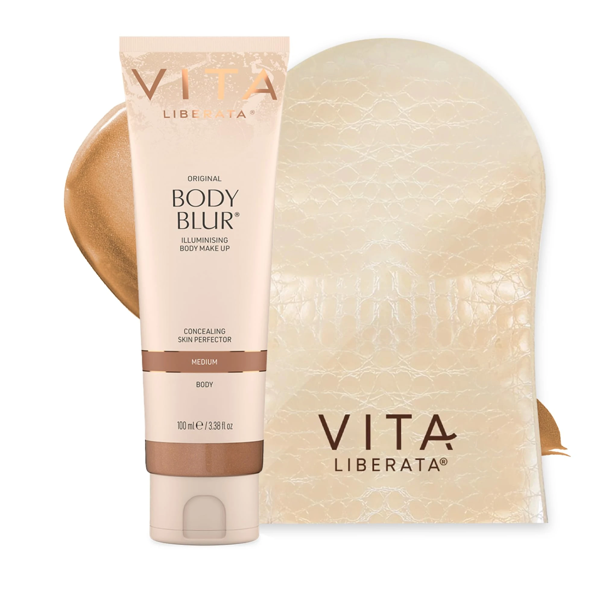 VITA LIBERATA Body Blur Medium 100ml & Mitt Bundle, Leg & Body Makeup, Wash Off Instant Tan, Streak Free Application Blending Mitt, Water resistant, Disguise Imperfections, Flawless Finish