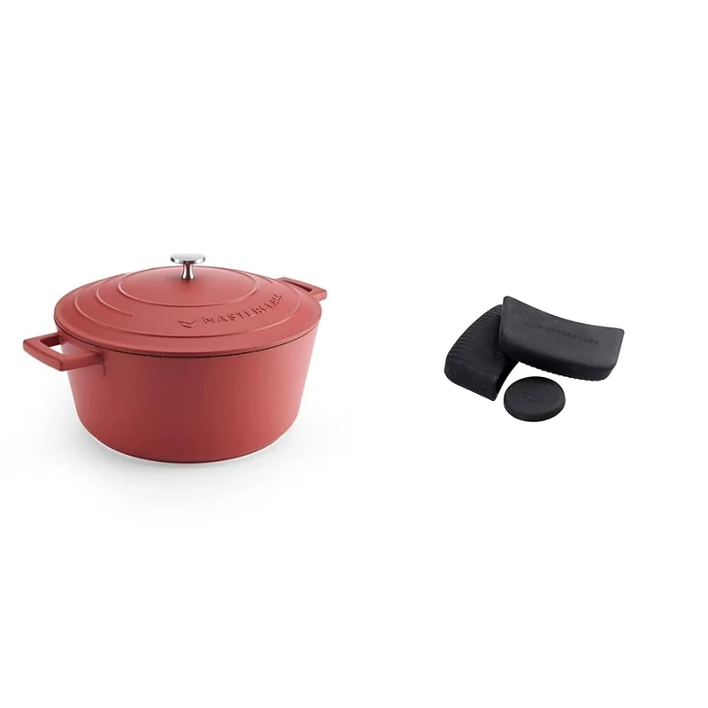 MasterClass 5L Red Casserole Dish with MasterClass Heat-Resistant Silicon Pan Handles and Lid Handle (3pc)