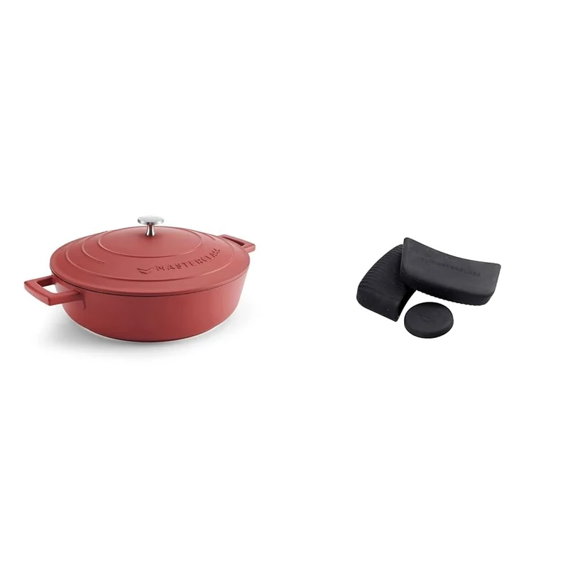 MasterClass 4L Red Shallow Casserole Dish with MasterClass Heat-Resistant Silicon Pan Handles and Lid Handle (3pc)