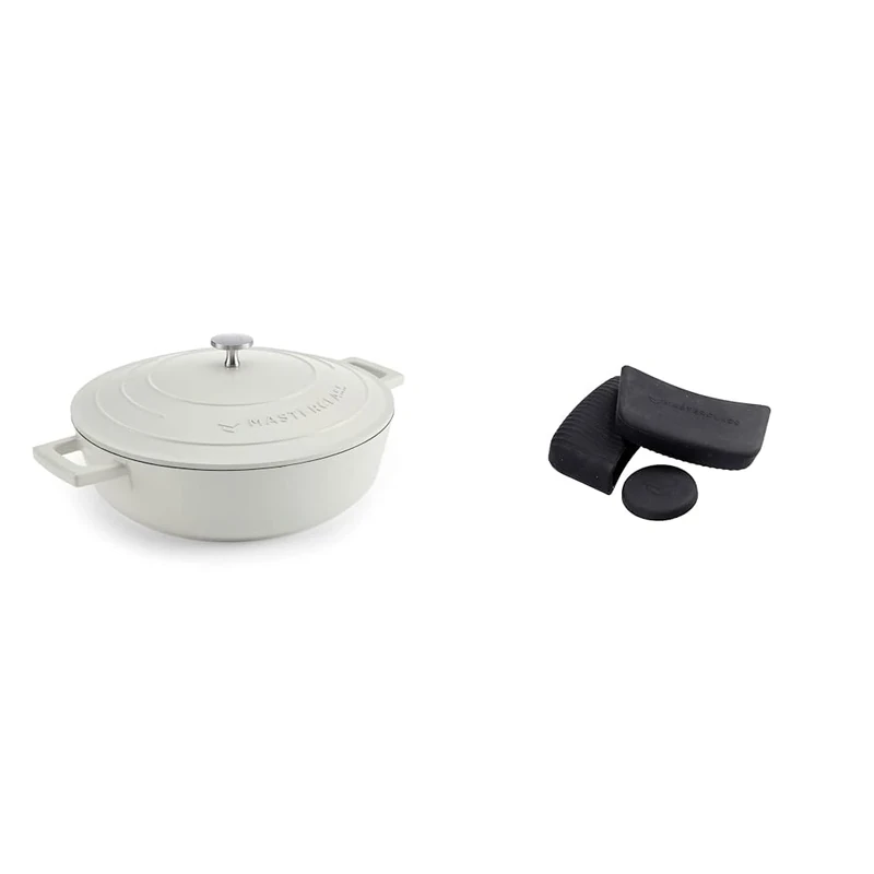 MasterClass 4L Cream Shallow Casserole Dish with MasterClass Heat-Resistant Silicon Pan Handles and Lid Handle (3pc)