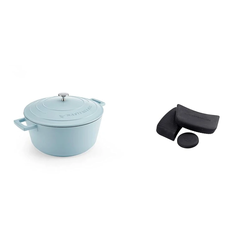 MasterClass 5L Blue Sky Casserole Dish with MasterClass Heat-Resistant Silicon Pan Handles and Lid Handle (3pc)