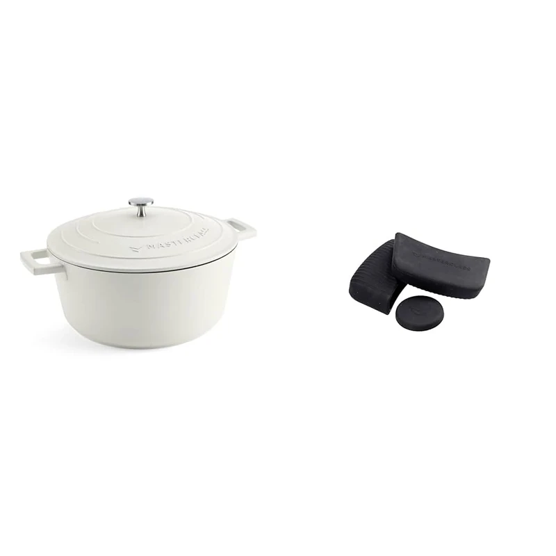 MasterClass 5L Cream Casserole Dish with MasterClass Heat-Resistant Silicon Pan Handles and Lid Handle (3pc)