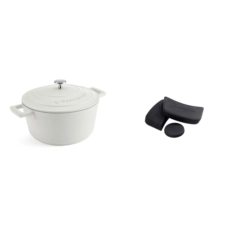 MasterClass 4L Cream Casserole Dish with MasterClass Heat-Resistant Silicon Pan Handles and Lid Handle (3pc)