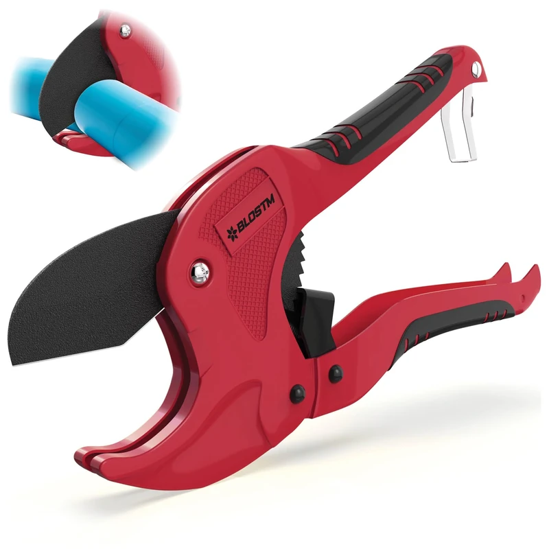 BLOSTM Plastic Pipe Cutter - Heavy Duty Ratchet Pipe Cutters with 42mm Outside Diameter Cutting Capacity for PVC PEX PPR Plastic Pipes & Rubber Hoses, Ergonomic Non-Slip Handle & Safety Lock (Red)