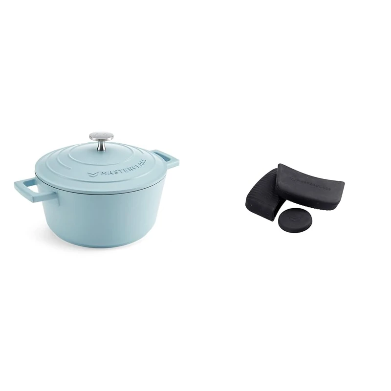 MasterClass 2.5L Sky Blue Casserole Dish with MasterClass Heat-Resistant Silicon Pan Handles and Lid Handle (3pc)