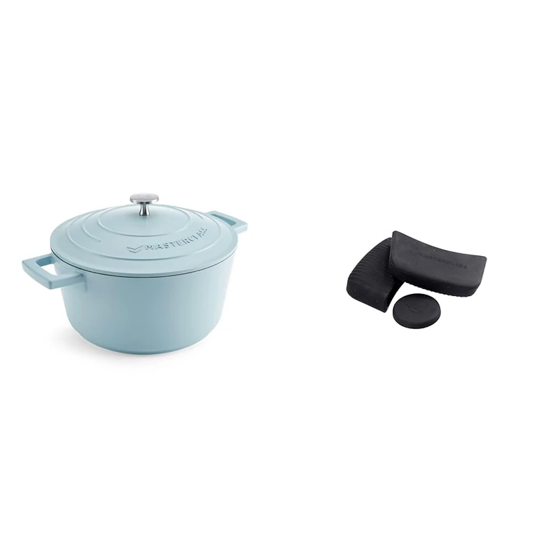 MasterClass 4L Sky Blue Casserole Dish with MasterClass Heat-Resistant Silicon Pan Handles and Lid Handle (3pc)