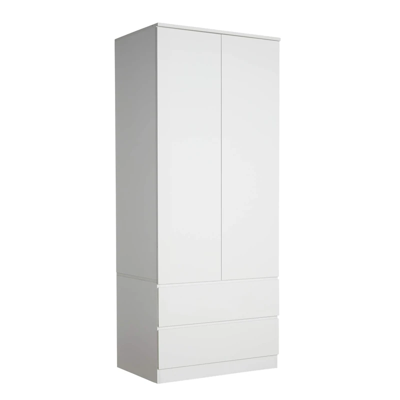 Home Source 2 Door Wardrobe, High Gloss Front Spacious Closet Organiser, Bedroom Dresser Storage Cabinet, 2 Drawer, White