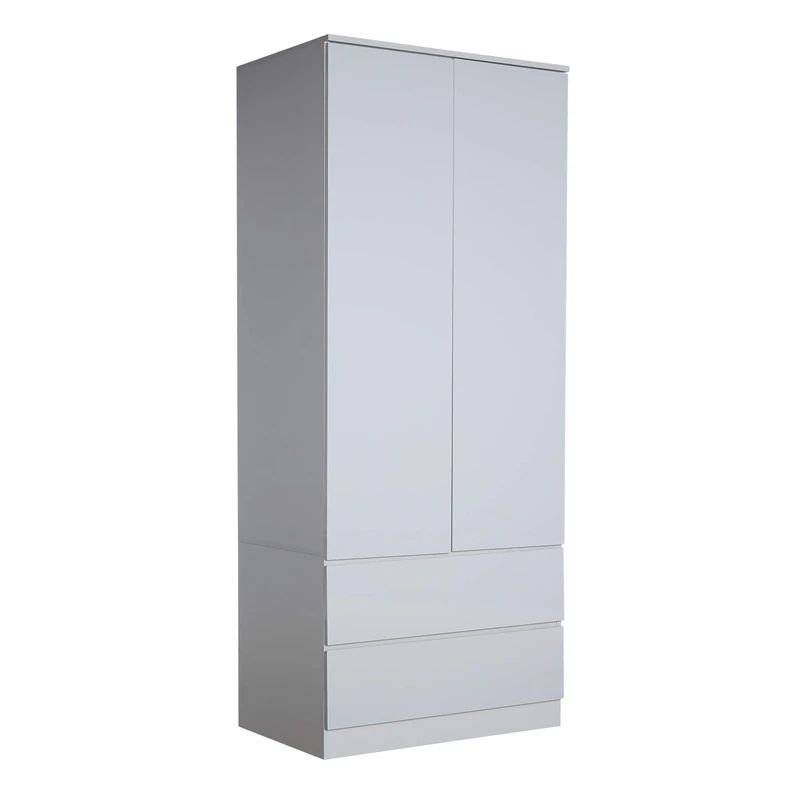 Home Source 2 Door Wardrobe, High Gloss Front Spacious Closet Organiser, Bedroom Dresser Storage Cabinet, 2 Drawer, Grey