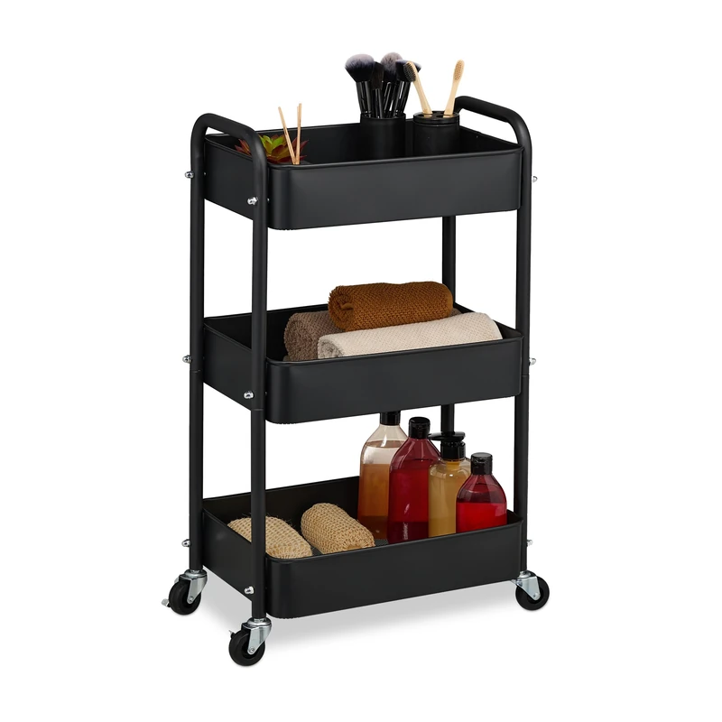 Relaxdays Rolling Cart, 90% steel 10% felt, Black, 71.5 x 43.5 x 29.5 cm