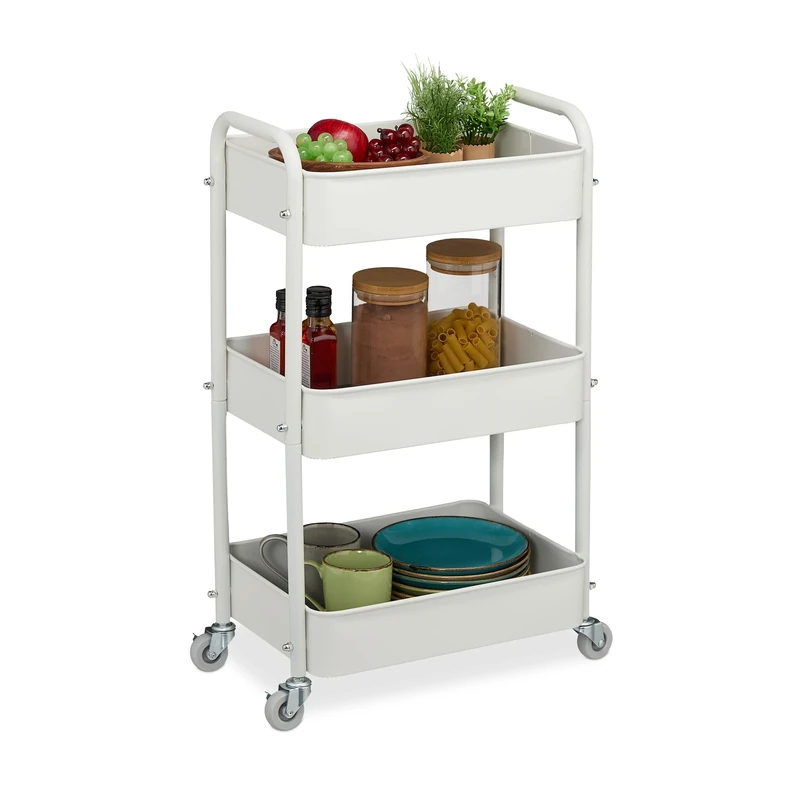 Relaxdays Rolling Cart, 90% steel 10% felt, White, 71.5 x 43.5 x 29.5 cm