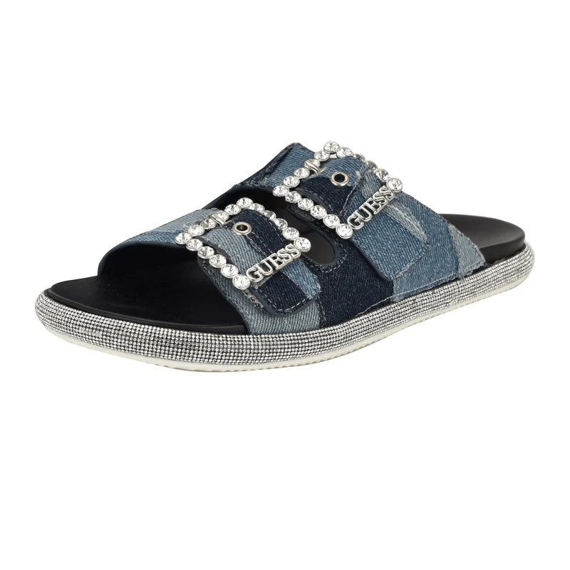 GUESS Women's Funzy Flat Sandal, Medium Blue Denim Patchwork 420, 6.5 UK