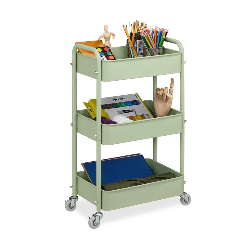 Relaxdays Rolling Cart, 3 Tiers, Serving Trolley, Utilities, for Kitchen & Bathroom, HWD: 71.5 x 43.5 x 29.5 cm, Green